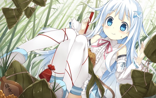 Anime picture 1920x1200 with the personification of atmosphere kuuki shoujo fred04142 single long hair blush highres blue eyes sitting silver hair wallpaper eating girl thighhighs skirt hair ornament ribbon (ribbons) plant (plants) miniskirt white thighhighs