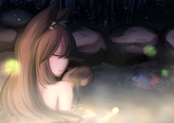 Anime picture 3507x2480 with touhou imaizumi kagerou sekibanki dior-zi (artist) long hair fringe highres light erotic hair between eyes brown hair bare shoulders multiple girls animal ears pink hair absurdres outdoors eyes closed profile light smile from behind