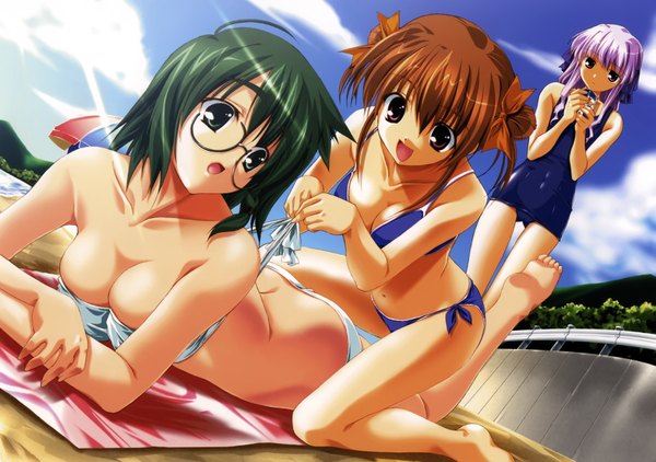 Anime picture 3490x2460 with sorauta highres light erotic brown hair brown eyes green eyes green hair swimsuit bikini glasses beach umbrella