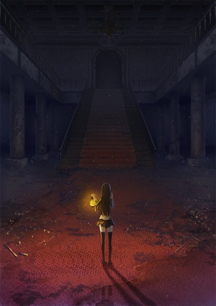 Anime picture 1000x1414 with original yuanmaru single long hair tall image black hair girl thighhighs skirt black thighhighs stairs lamp