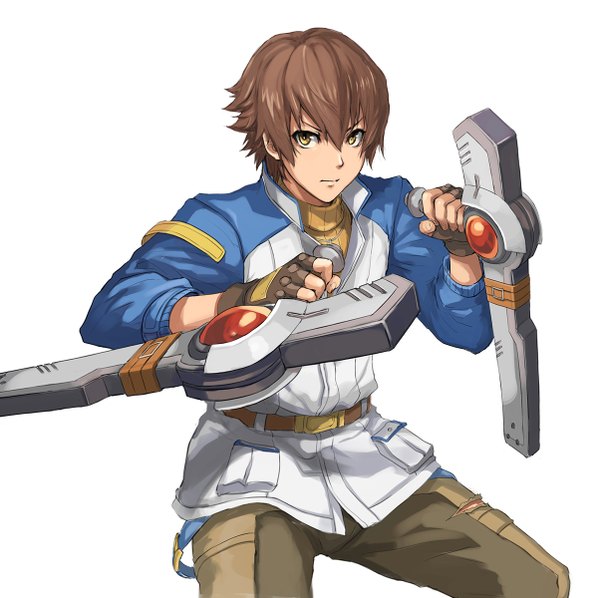 Anime picture 1204x1200 with eiyuu densetsu zero no kiseki lloyd bannings haoni single short hair simple background brown hair white background yellow eyes looking away fighting stance boy gloves weapon suit