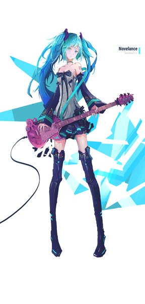 Anime picture 800x1665 with vocaloid hatsune miku novelance single long hair tall image looking at viewer blush fringe blue eyes standing twintails bare shoulders holding blue hair long sleeves pleated skirt multicolored hair tattoo gradient hair