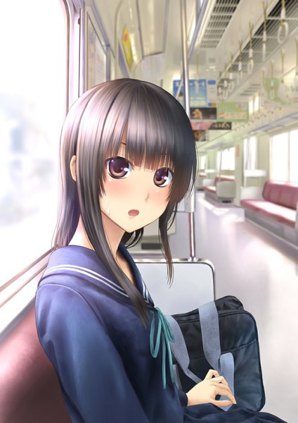 Anime picture 800x1131 with original ese shinshi single long hair tall image blush open mouth black hair sitting brown eyes train interior girl uniform serafuku school bag