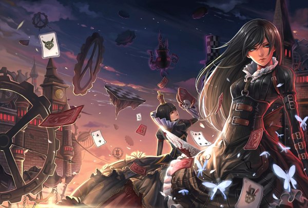 Anime picture 2079x1404 with alice in wonderland american mcgee's alice (game) alice: madness returns alice (wonderland) white rabbit cheshire cat queen of hearts dantewontdie long hair highres short hair blue eyes black hair red eyes multiple girls sky cloud (clouds) night night sky evening