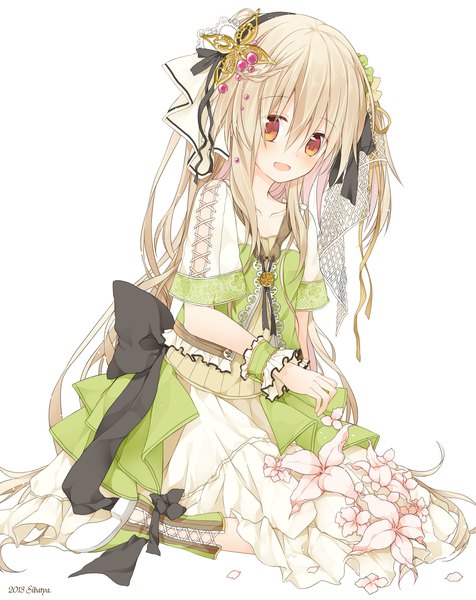 Anime picture 1380x1737 with original nana kusun single long hair tall image looking at viewer blush open mouth simple background white background white hair orange eyes girl dress flower (flowers) petals hairband