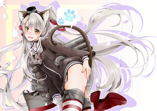 Anime picture 1000x708 with kantai collection amatsukaze destroyer rensouhou-kun okatsukisei single long hair looking at viewer light erotic animal ears yellow eyes silver hair tail animal tail cat ears shadow cat girl cat tail two side up kemonomimi mode girl