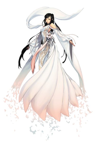 Anime picture 3905x5708 with blade & soul kim hyung tae single long hair tall image highres breasts black hair simple background white background bare shoulders yellow eyes absurdres pointy ears girl dress flower (flowers) detached sleeves