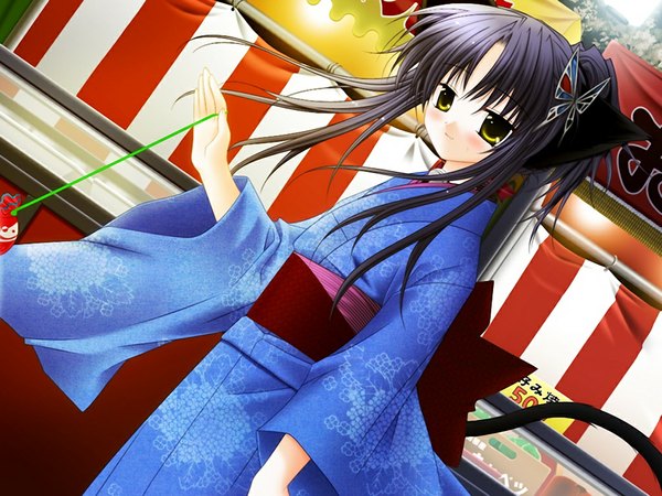Anime picture 1024x768 with pure pure tobari black hair yellow eyes game cg japanese clothes cat girl girl kimono