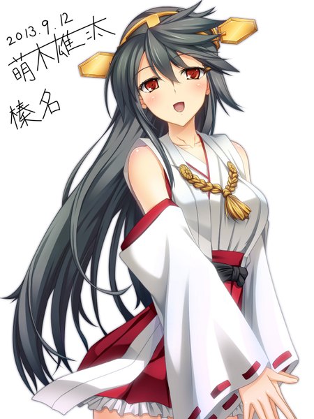 Anime picture 1200x1600 with kantai collection haruna battleship moeki yuuta single long hair tall image looking at viewer blush open mouth black hair simple background white background brown eyes girl detached sleeves hairband