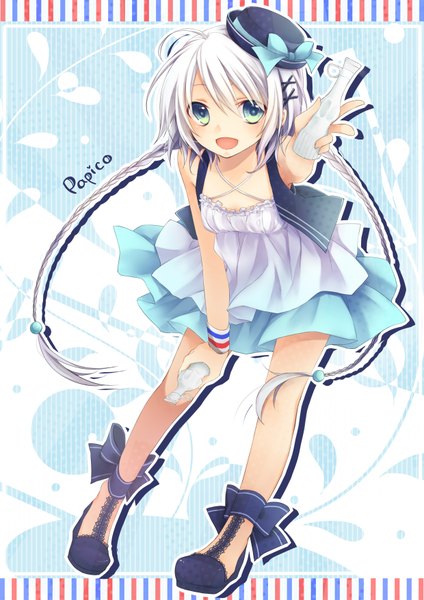 Anime picture 1240x1753 with original papico (ice cream) papico kuroi (liar-player) single long hair tall image looking at viewer blush open mouth blue eyes full body white hair braid (braids) twin braids girl dress hat shoes bowtie