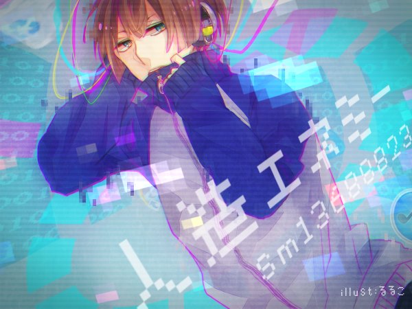 Anime picture 1200x900 with kagerou project shaft (studio) nico nico singer bis (nico nico singer) single short hair open mouth blue eyes brown hair standing aqua eyes blue background music boy uniform headphones cape gym uniform