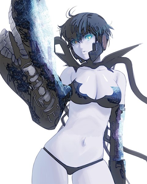 Anime picture 800x1000 with kantai collection ri-class heavy cruiser masao single tall image short hair light erotic black hair white background brown eyes aqua eyes teeth bare belly heterochromia glowing glowing eye (eyes) pale skin girl navel swimsuit