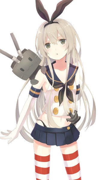 Anime picture 867x1541 with kantai collection shimakaze destroyer rensouhou-chan nagitoki single long hair tall image looking at viewer blush open mouth simple background white background grey hair bare belly grey eyes girl thighhighs skirt gloves navel