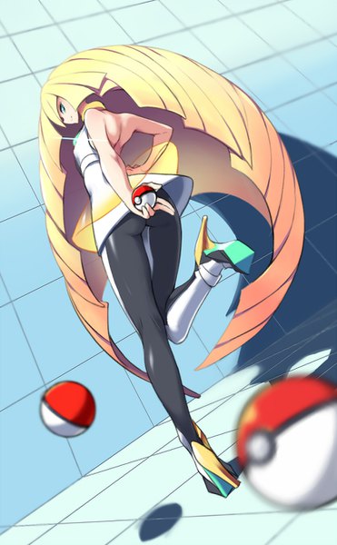 Anime picture 834x1348 with pokemon pokemon sm nintendo lusamine (pokemon) tm (hanamakisan) single tall image looking at viewer fringe light erotic blonde hair smile standing bare shoulders holding full body bent knee (knees) ass very long hair looking back