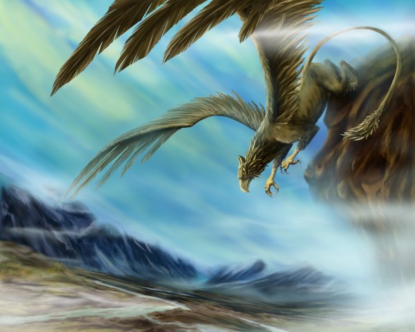 Anime picture 1500x1200 with original lanty-ka red eyes sky cloud (clouds) tail mountain animal wings claws beak