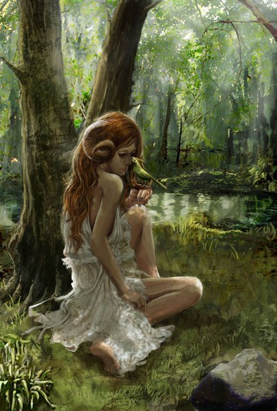 Anime picture 865x1280 with original gpm single long hair tall image brown hair sitting bare shoulders barefoot horn (horns) bird on hand sheep girl girl dress plant (plants) animal tree (trees) water bird (birds) forest