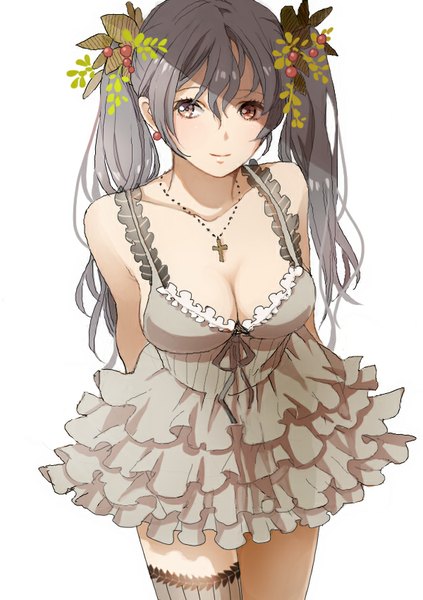 Anime picture 600x850 with original hishi single long hair tall image looking at viewer simple background smile red eyes white background twintails bare shoulders hair flower grey hair girl thighhighs dress hair ornament flower (flowers) ribbon (ribbons)