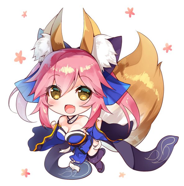 Anime picture 986x1000 with fate (series) fate/extra tamamo (fate) (all) tamamo no mae (fate) asahina hikage single long hair tall image blush fringe breasts open mouth simple background hair between eyes white background twintails bare shoulders brown eyes animal ears payot