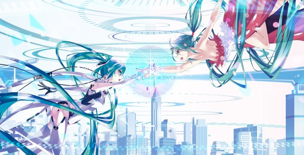 Anime picture 2000x1023 with vocaloid hatsune miku monq (artist) highres open mouth wide image purple eyes twintails bare shoulders very long hair nail polish profile aqua eyes aqua hair city holding hands dual persona girl skyscraper