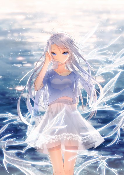 Anime picture 1000x1413 with original mimosa single long hair tall image looking at viewer blue eyes white hair wind fantasy girl skirt dragon
