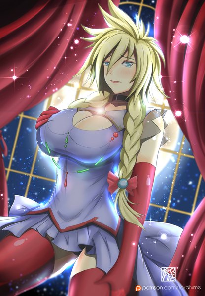 Anime picture 2952x4251 with final fantasy final fantasy vii square enix cloud strife torahime (roland00) single long hair tall image looking at viewer fringe highres breasts blue eyes light erotic blonde hair pantyshot huge breasts girl thighhighs dress