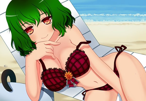 Anime picture 1000x699 with touhou kazami yuuka swami single blush short hair light erotic smile red eyes green hair underwear only beach girl navel underwear panties