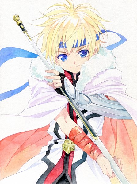 Anime picture 700x940 with dog days shinku izumi agahari single tall image looking at viewer short hair blue eyes blonde hair simple background smile white background traditional media watercolor (medium) boy gloves hairband armor fingerless gloves cape