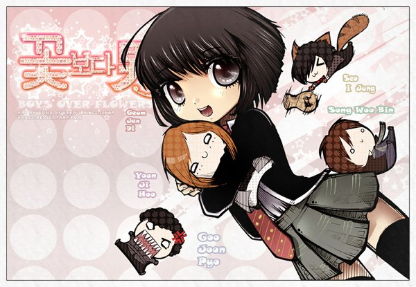 Anime picture 1171x810 with kkotboda namja boys over flowers yun ji hu gu jun pyo song u bin so i jeong geum jan di andzz short hair black hair animal ears ahoge animal tail black eyes orange hair hug chibi framed > < o o