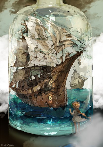 Anime picture 800x1149 with original demizu posuka single long hair tall image standing from behind skeleton fishing ship in a bottle girl dress animal glasses sea cat sundress bottle watercraft ship
