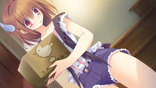 Anime picture 1280x720 with yumeiro alouette! asagiri mihane takanae kyourin blush short hair red eyes brown hair wide image game cg pantyshot girl hair ornament shorts box