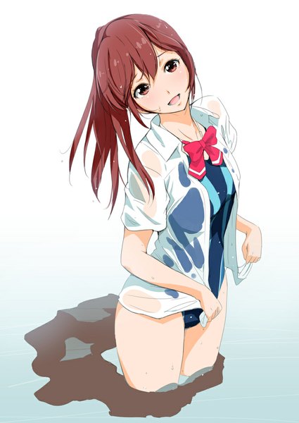 Anime picture 708x1000 with free! kyoto animation matsuoka gou nylon single long hair tall image looking at viewer blush open mouth brown hair standing brown eyes ponytail open clothes open shirt partially submerged wet clothes wet shirt girl