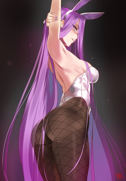 Anime picture 1000x1438 with fate (series) fate/stay night fate/extra fate/extella rider yd (orange maru) single tall image looking at viewer breasts light erotic simple background large breasts standing purple eyes signed animal ears cleavage purple hair ass