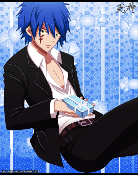 Anime picture 900x1142 with fairy tail jellal fernandes xsnowcoolx single tall image short hair yellow eyes blue hair open clothes tattoo open shirt coloring facial mark boy shirt pants suit gift