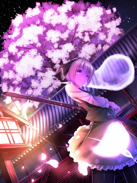 Anime picture 1200x1600 with touhou konpaku youmu waterdog single tall image short hair blue eyes silver hair cherry blossoms ghost girl dress weapon plant (plants) sword tree (trees) hairband katana