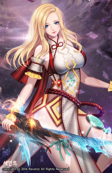 Anime picture 850x1307 with blade & soul ravaniz single long hair tall image looking at viewer breasts blue eyes blonde hair bare shoulders signed light smile inscription sparkle glowing hieroglyph glowing weapon girl dress weapon