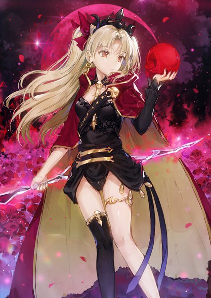 Anime picture 700x990 with fate (series) fate/grand order toosaka rin ereshkigal (fate) dangmill single long hair tall image fringe light erotic blonde hair holding looking away outdoors night orange eyes two side up night sky red moon girl