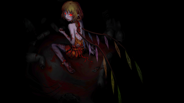Anime picture 4444x2500 with touhou flandre scarlet single fringe highres short hair open mouth red eyes wide image bare shoulders absurdres looking back barefoot pointy ears no shoes glowing glowing eye (eyes) death guro girl