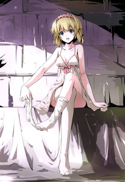 Anime picture 2031x2952 with touhou alice margatroid sam ashton single tall image highres short hair blue eyes blonde hair girl thighhighs hairband bed