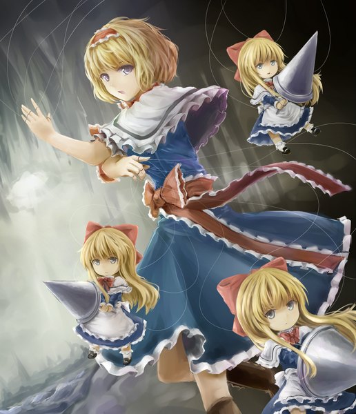Anime picture 1890x2197 with touhou alice margatroid shanghai af-henrytz long hair tall image highres short hair open mouth blue eyes blonde hair multiple girls girl dress bow weapon hair bow boots hairband knee boots