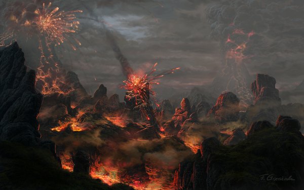 Anime picture 1680x1050 with original fel-x (artist) wide image sky cloud (clouds) wallpaper smoke mountain no people landscape scenic lava volcano molten rock