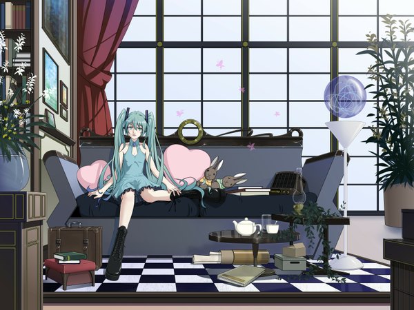 Anime picture 1600x1200 with vocaloid hatsune miku long hair blue eyes twintails green hair checkered floor girl plant (plants) boots heart pillow toy bag stuffed animal knee boots couch bunny