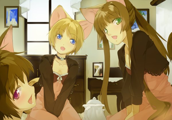 Anime picture 1571x1100 with maruku long hair short hair open mouth blue eyes blonde hair brown hair sitting multiple girls green eyes ponytail pink eyes looking back cat girl girl window 3 girls picture teapot