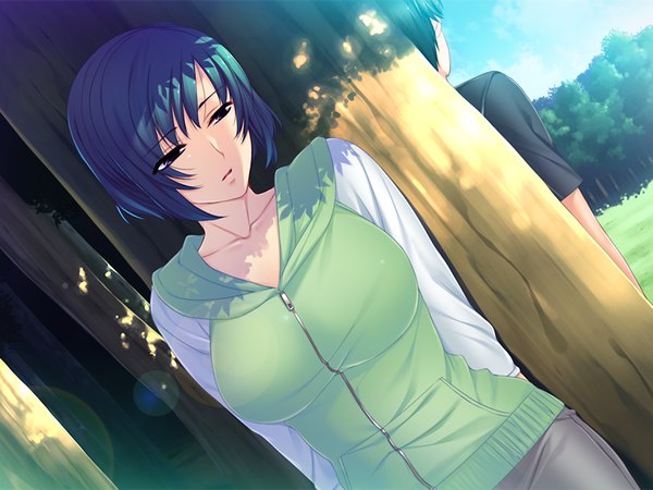 Anime picture 1024x768 with motto nee, chanto shiyou yo! afterstory ichijou kyou short hair breasts light erotic large breasts purple eyes blue hair game cg girl