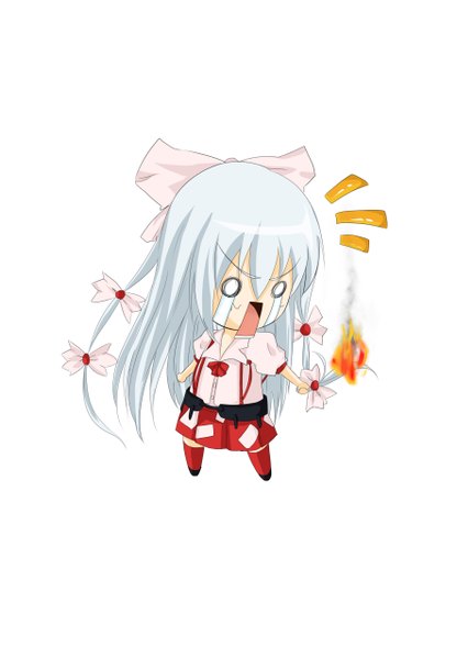 Anime picture 1769x2550 with touhou fujiwara no mokou shou mai single long hair tall image highres open mouth standing white background white hair spread arms chibi surprised o o burning girl dress bow hair bow