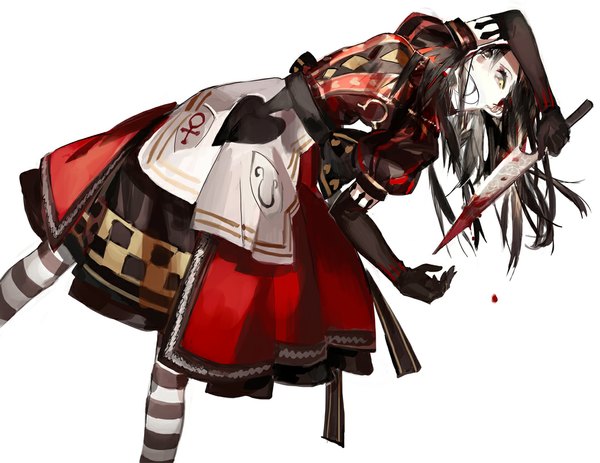 Anime picture 1100x850 with american mcgee's alice (game) alice: madness returns alice (american mcgee's) star shadow magician single long hair looking at viewer blush black hair simple background white background yellow eyes arms up girl thighhighs dress gloves bow ribbon (ribbons) weapon