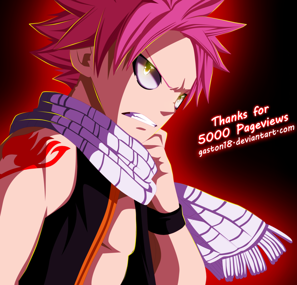 Anime picture 3000x2875 with fairy tail natsu dragneel tongasart single highres short hair yellow eyes pink hair inscription tattoo sleeveless grin coloring black background angry thank you milestone celebration boy scarf vest