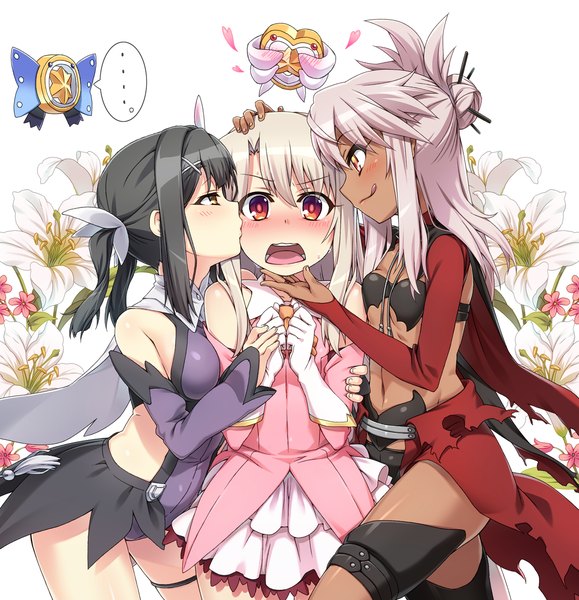 Anime picture 1340x1387 with fate (series) fate/kaleid liner prisma illya type-moon illyasviel von einzbern kuro (fate/kaleid liner) miyu edelfelt prisma illya magical ruby magical sapphire takunari long hair tall image looking at viewer blush open mouth black hair blonde hair red eyes twintails multiple girls