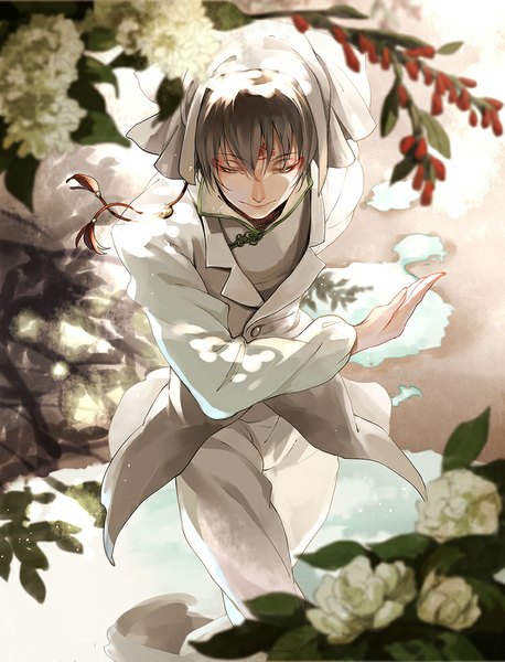 Anime picture 750x983 with hoozuki no reitetsu wit studio hakutaku (hoozuki no reitetsu) joey single tall image short hair black hair smile traditional clothes from above leaning leaning forward facial mark chinese clothes boy flower (flowers) labcoat headscarf