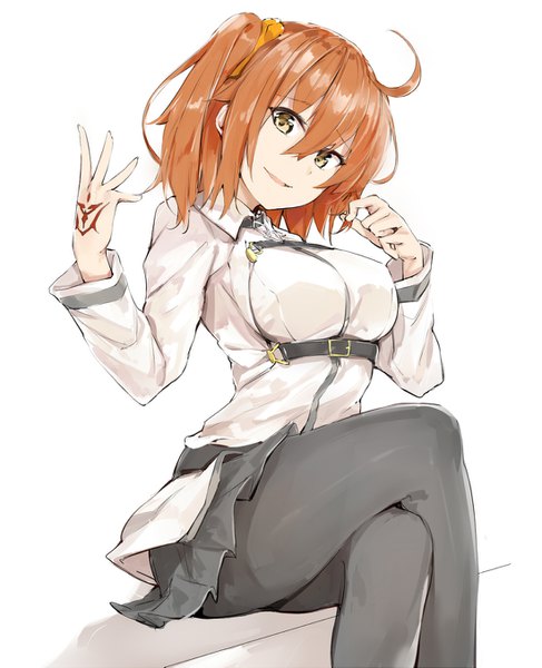 Anime picture 1100x1353 with fate (series) fate/grand order fujimaru ritsuka (female) silver (chenwen) single tall image looking at viewer fringe short hair breasts open mouth simple background smile hair between eyes white background sitting brown eyes ahoge bent knee (knees) head tilt