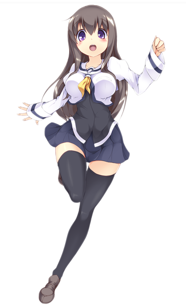 Anime picture 800x1309 with original josephine (twin tail rabbit) single long hair tall image looking at viewer blush open mouth black hair simple background white background purple eyes girl thighhighs uniform black thighhighs school uniform